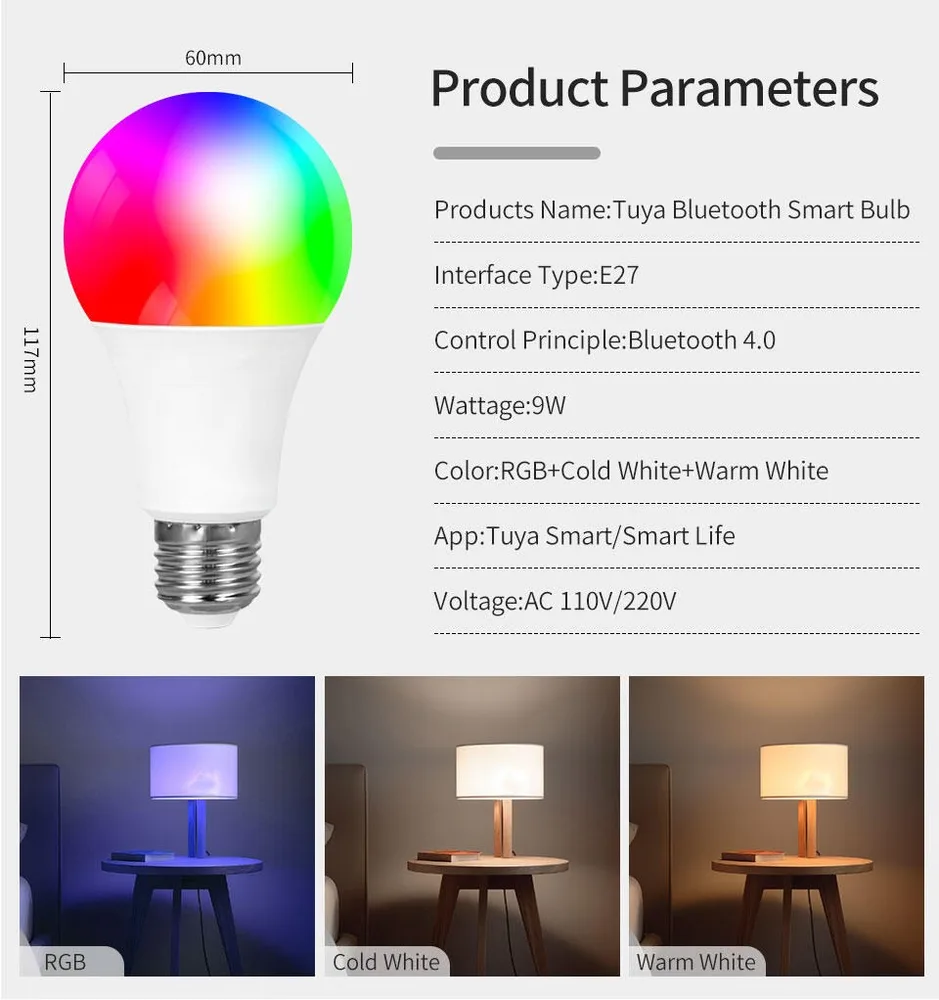 Tuya Smart LED Bulb 10W RGB+CCT with App Control, Bluetooth/Tuya Compatible, Dimmable Home Lighting — view 4