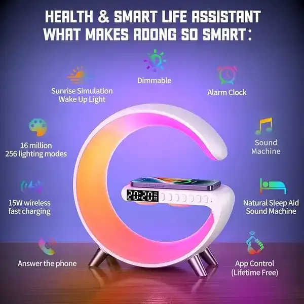 Smart Sound Machine Wake Up Light Alarm Clocks Bluetooth Speaker 10W Multifunctional Wireless Charger LED Atmosphere RGB Night Light Alarm Clock Desk — view 2