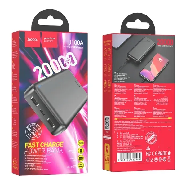 HOCO J100A High-ranking 20000mAh Power Bank | Fast 5V/2.1A Output with Type-C/Micro Input
