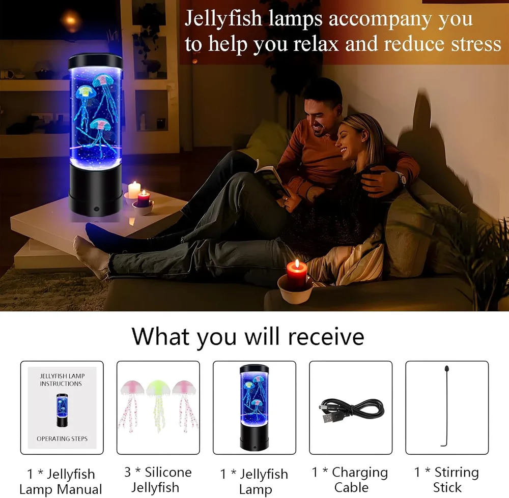 7 Color Changing Jellyfish Lamp, Aquarium Light, USB/Battery Bubble Jellyfish Night Light, Desk Mood Lamp for Home, Bedroom, Room & Office — view 4