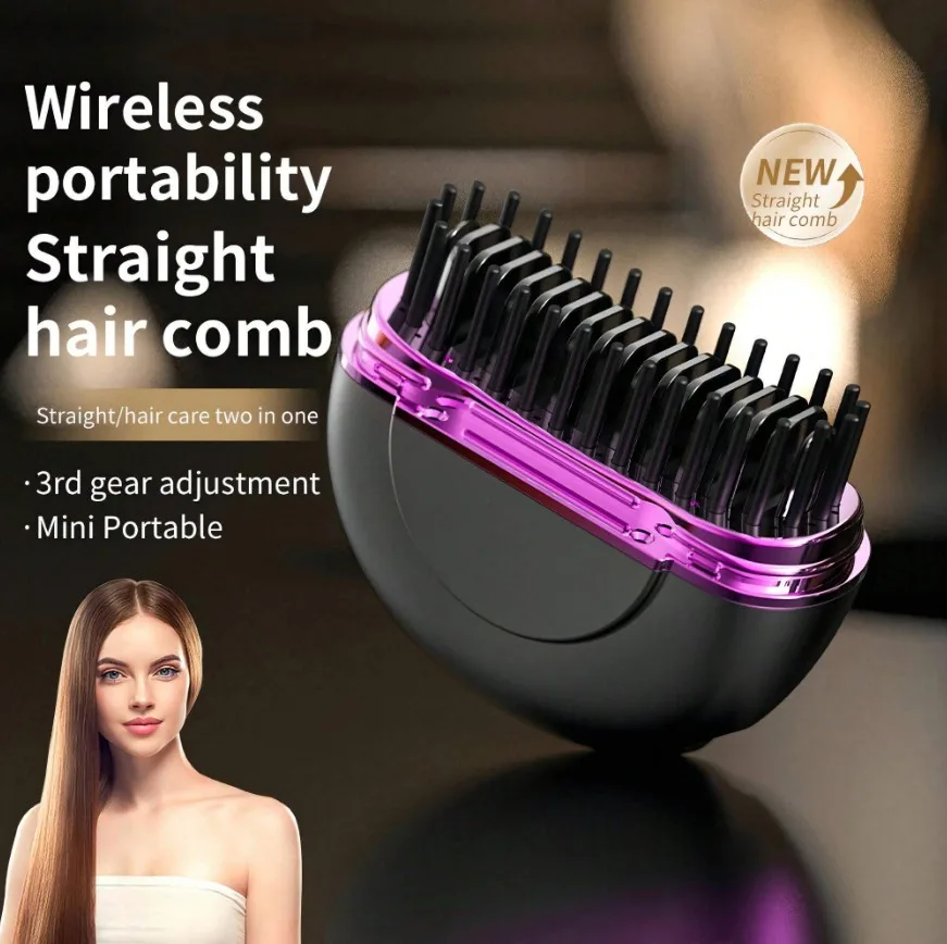 Portable Rechargeable Hair Straightener Comb Wireless Hair Straightener Slouchy Anion Hair Brush, Professional Hair Care Appliances, Multi-Temperature Adjustable Hair Straightening Comb, Straight Hair Curly Hair Dual-Use Non-Invasive Hair Straightener